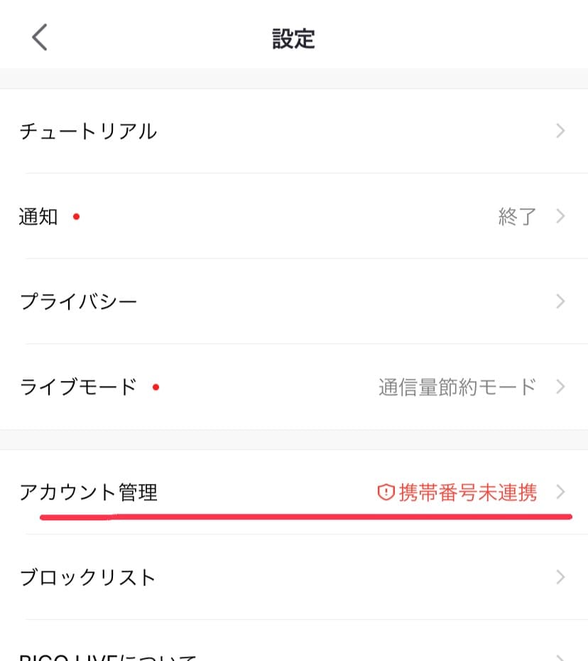 ビゴライブの設定画面です。